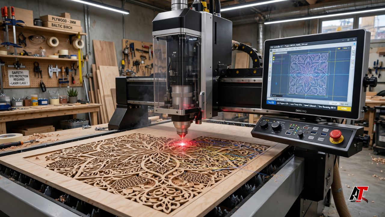 CNC laser cutter for wood creating precise cuts and detailed engravings on wooden materials.