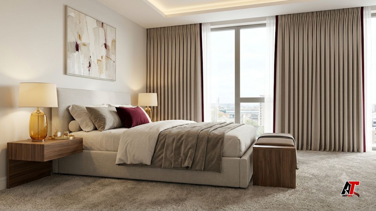 luxury bedroom carpet and pinch pleat curtains