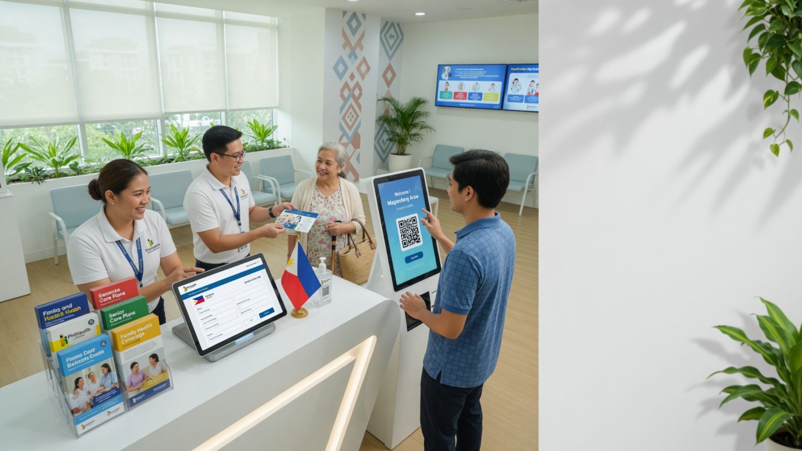Healthcare staff assisting members with PhilHealth services at a modern service center.