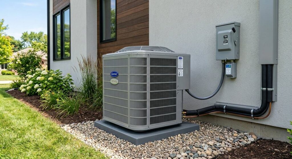 Professional AC installation at a modern home