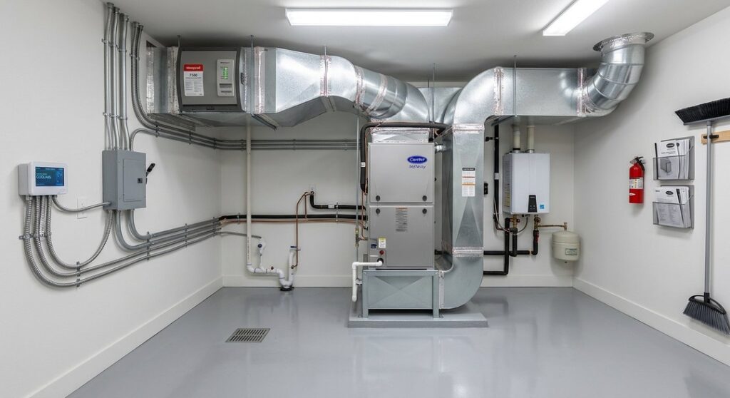 Professional heat pump installation outside a home