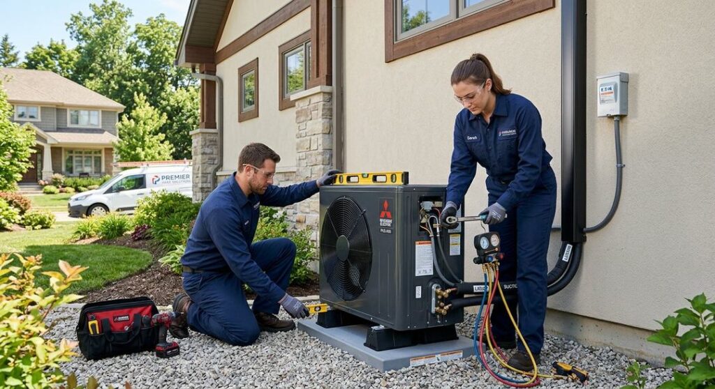 Professional heat pump installation outside a home
