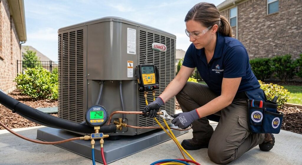 Professional heat pump installation outside a home