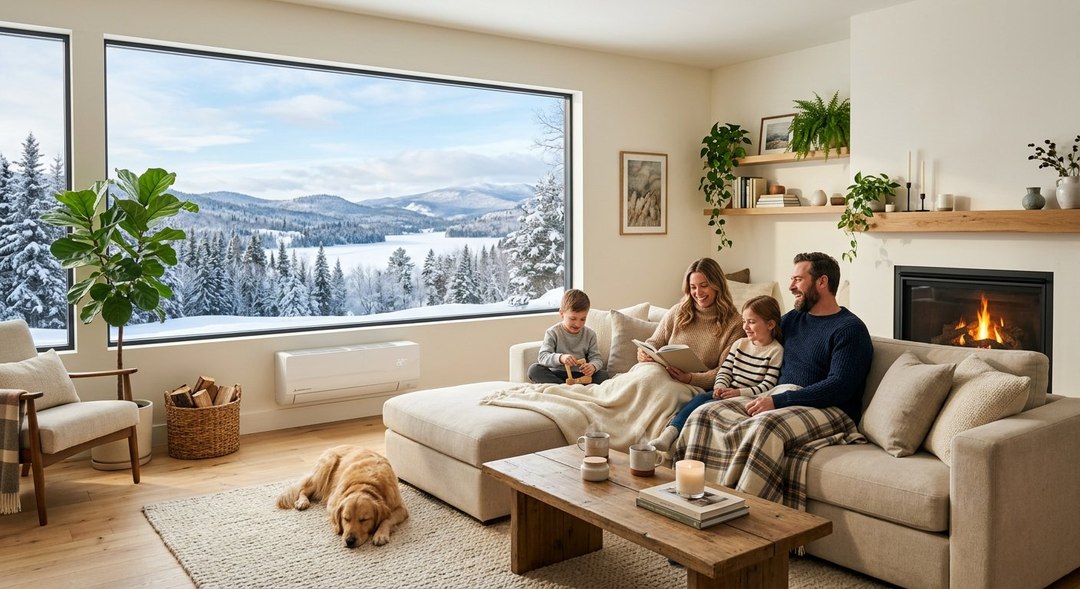 Professional heat pump installation outside a home