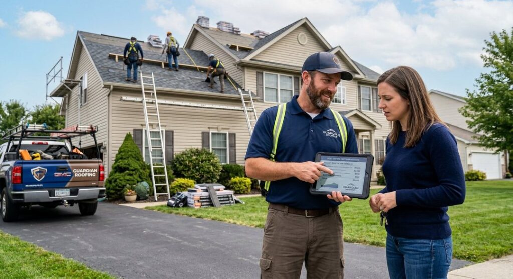 Professional roof repair on a residential home