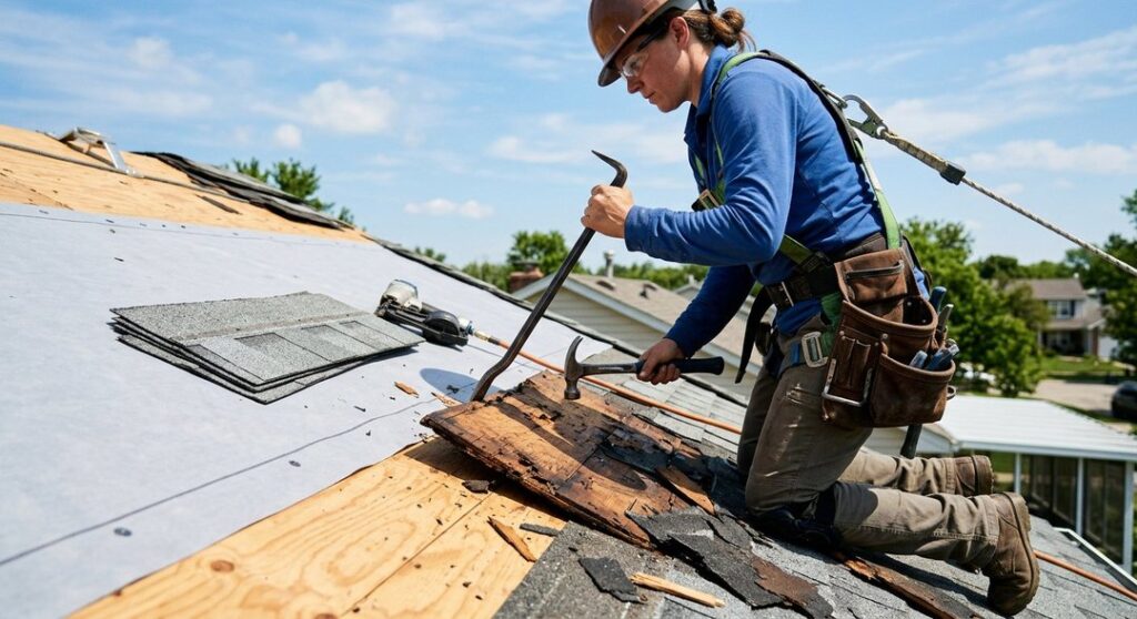 Professional roof repair on a residential home