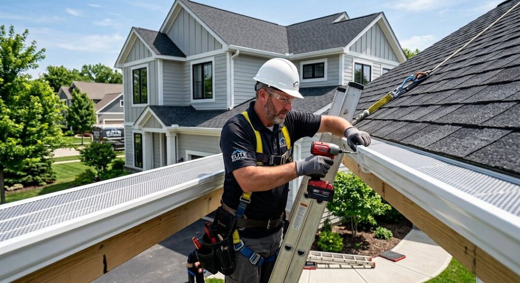 Professional roofer repairing a roof