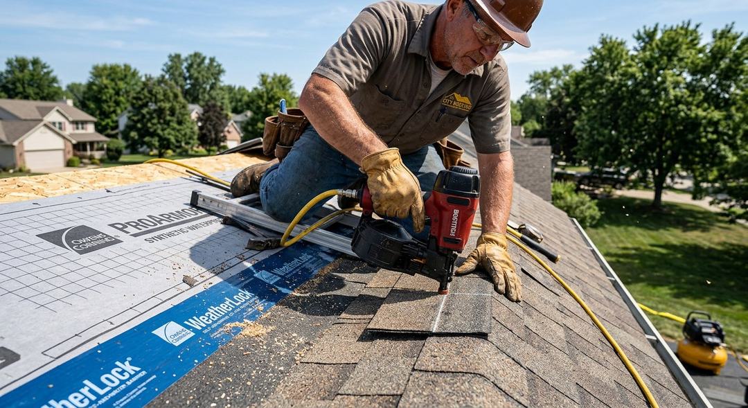 Professional roofer repairing a roof