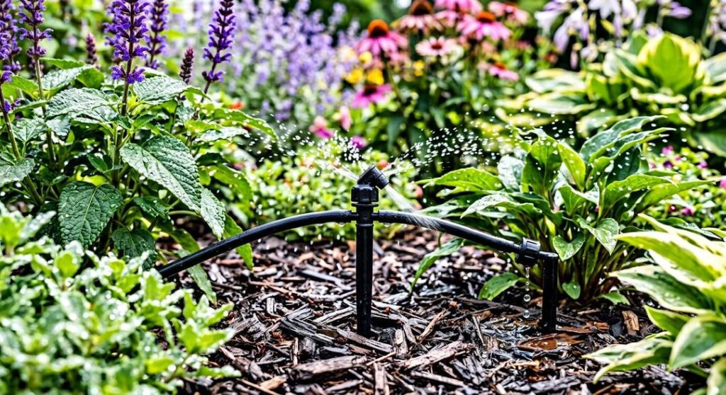 Sprinklers watering a green lawn