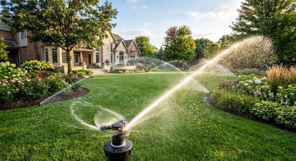 Sprinklers watering a green lawn