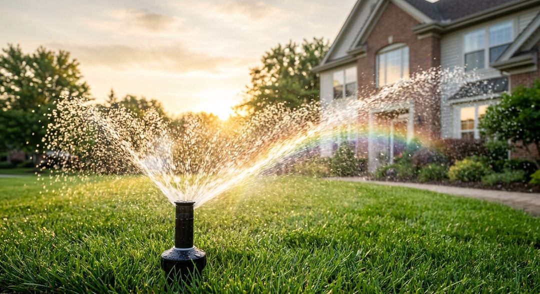 Sprinklers watering a green lawn